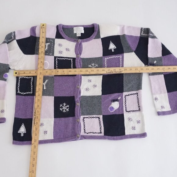 Christopher & Banks Lavender Patchwork Snowflake Tree Winter Grandma Cardigan XL - Picture 2 of 9